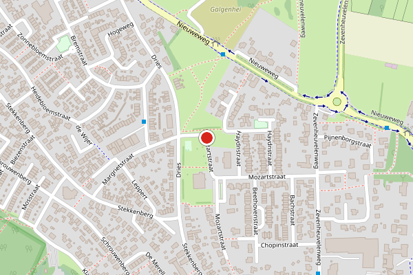 Brandweer-melding op Mozartstraat, Groesbeek op 28 juni, kaart-overzicht