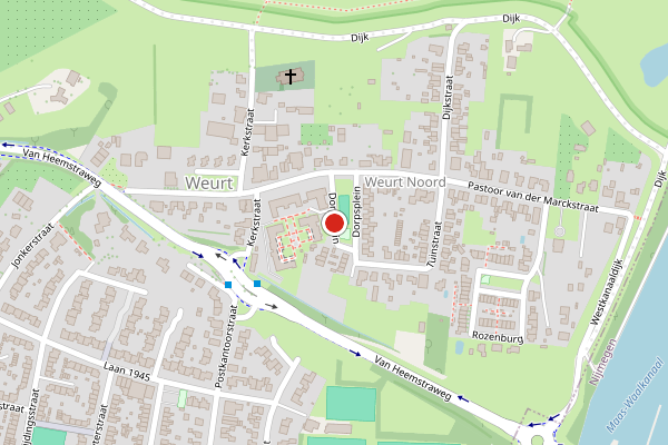Brandweer-melding op Dorpsplein, Weurt op 20 juni, kaart-overzicht